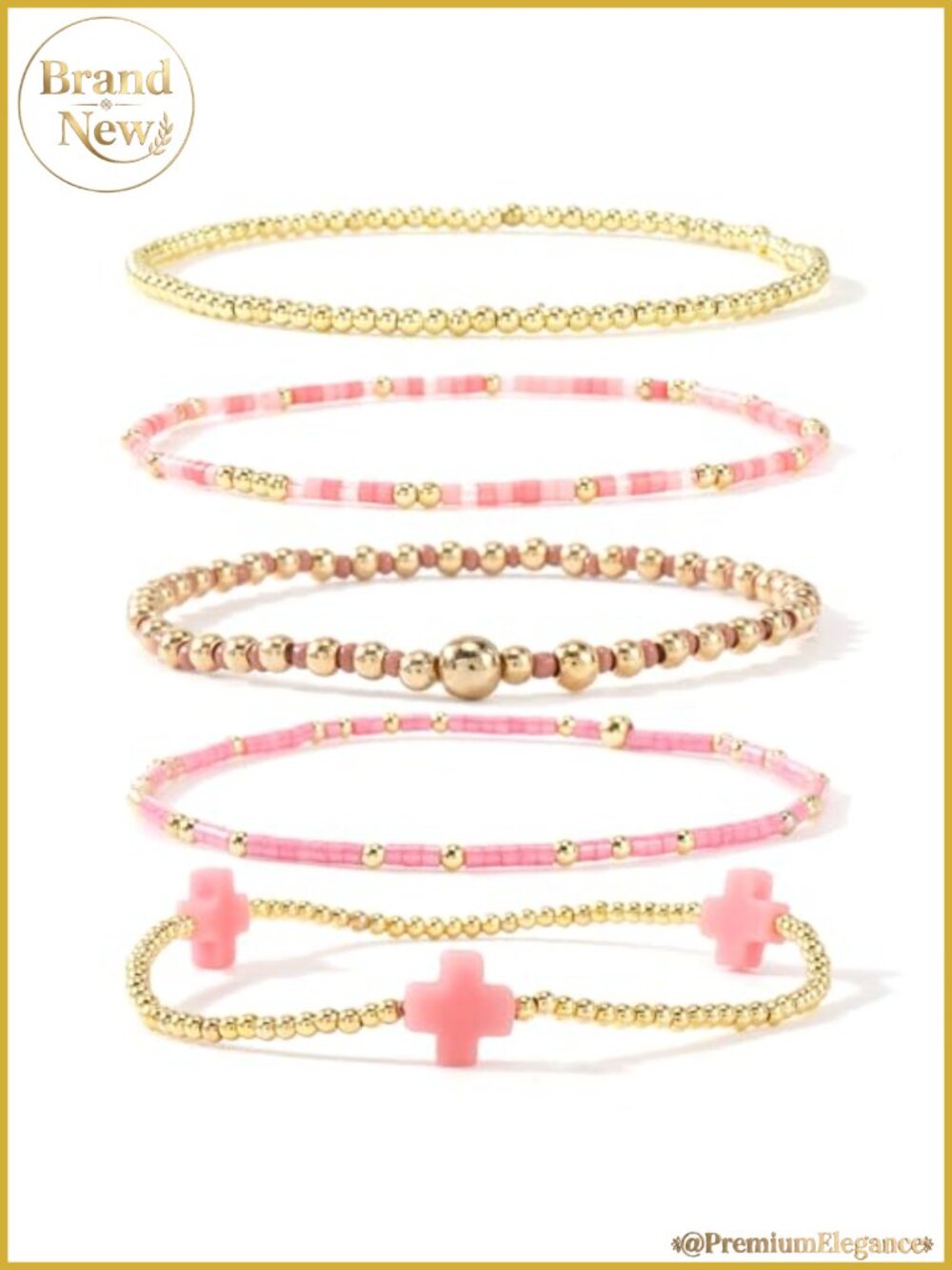5-Piece Set 14K Gold Plated Beaded Stretch Bracelets Stackable Boho Cross